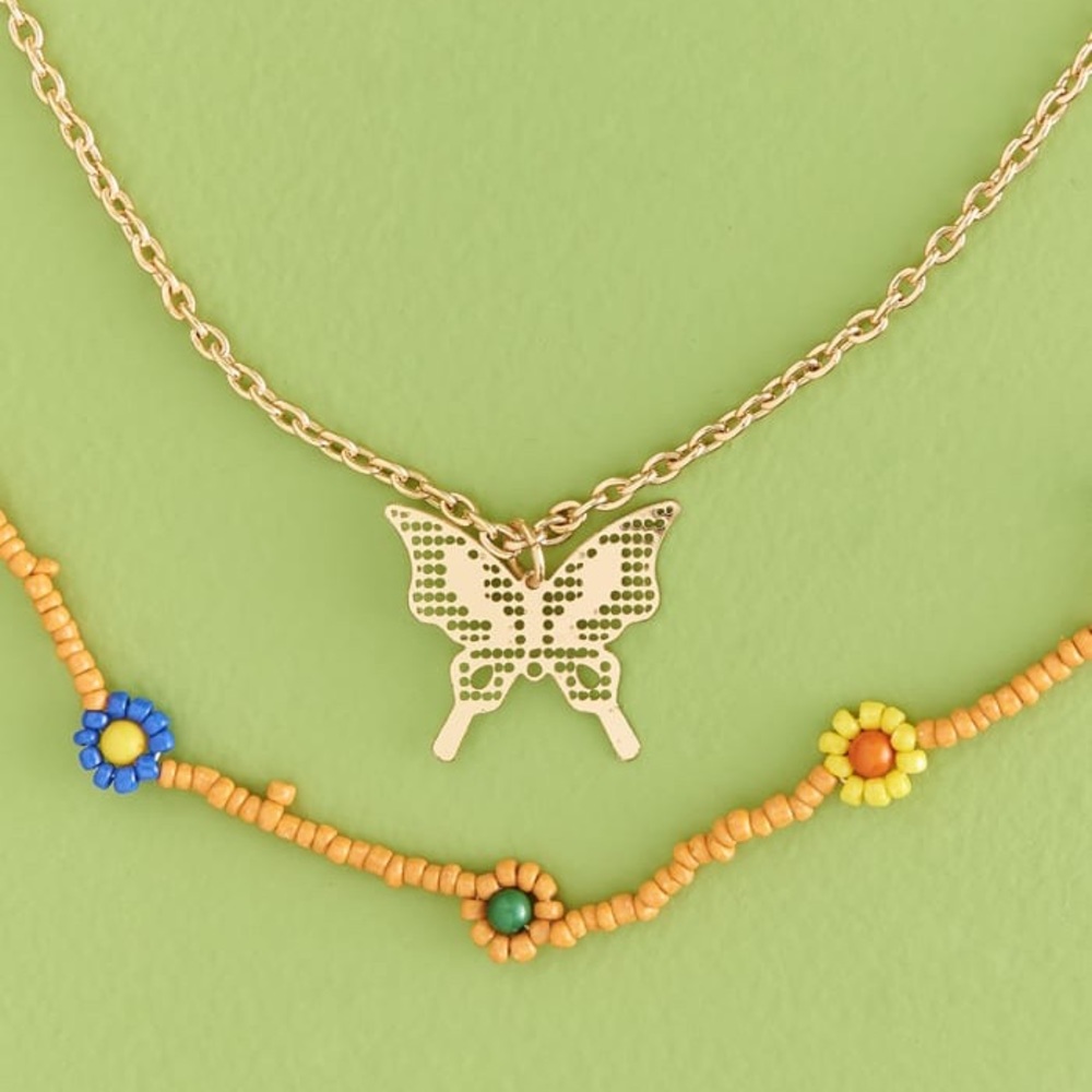 Orange Flower Beaded Layered Necklace